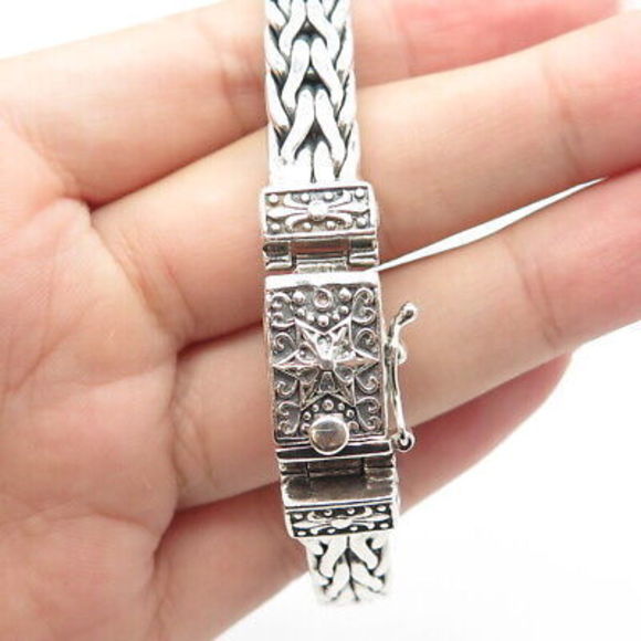 925 Sterling Silver Vintage Spiga/Wheat Link Heavy Bangle Bracelet 7.75" - Picture 5 of 8